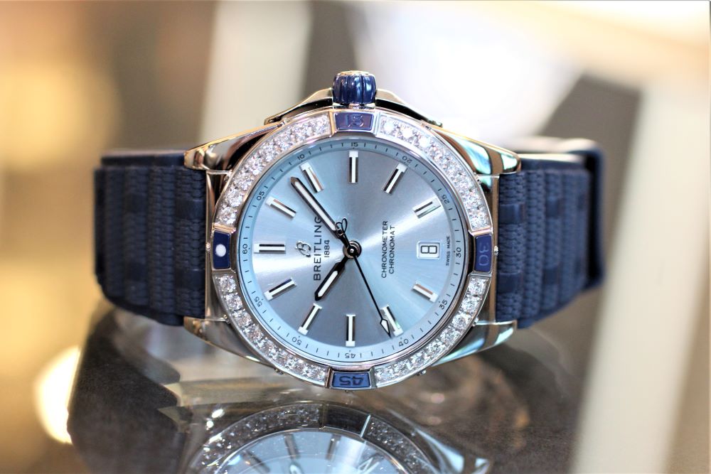  Shop Authentic Breitling Super Chronomat Automatic 38 Diamonds Blue Dial Blue Rubber Strap Watch for Women - A17356531C1S1 - Luxxuri