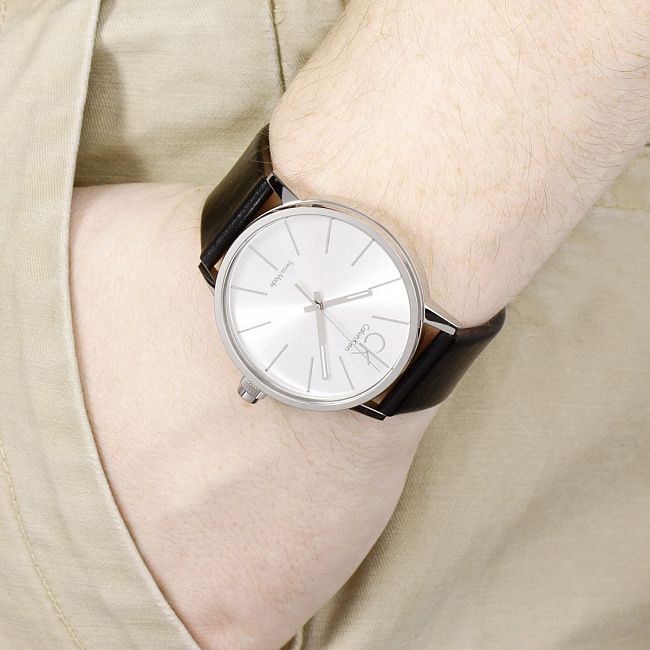  Shop Authentic Calvin Klein Post Minimal Silver Dial Black Leather Strap Watch for Men - K7621192 - Luxxuri