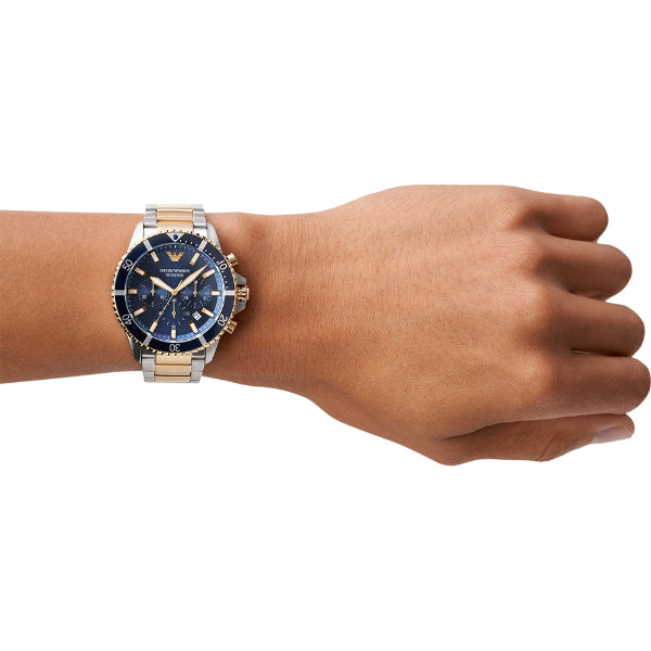  Shop Authentic Emporio Armani Mario Chronograph Blue Dial Two Tone Steel Strap Watch For Men - AR11362 - Luxxuri