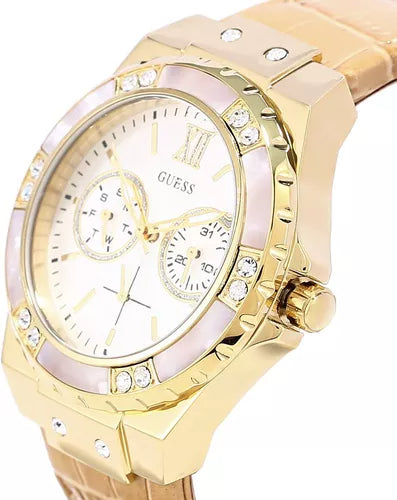  Shop Authentic Guess Limelight Quartz Silver Dial Golden Leather Strap Watch For Women - W0775L2 - Luxxuri