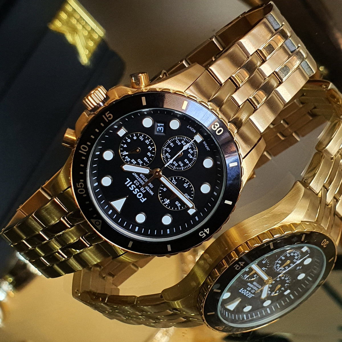  Shop Authentic Fossil FB-01 Chronograph Black Dial Gold Steel Strap Watch for Men - FS5836 - Luxxuri