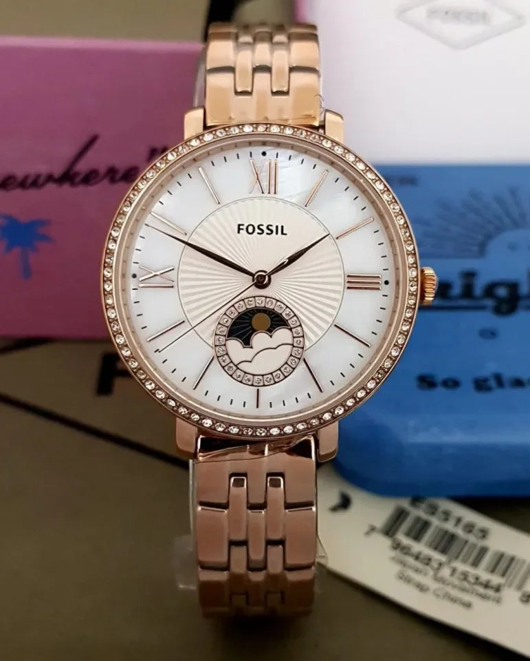  Shop Authentic Fossil Jacqueline Analog Moonphase Mother of Pearl White Dial Rose Gold Steel Strap Watch for Women - ES5165 - Luxxuri