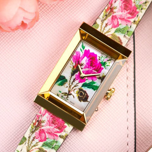  Shop Authentic Gucci G-Frame Floral Mother of Pearl Dial White Leather Strap Watch For Women - YA147406 - Luxxuri