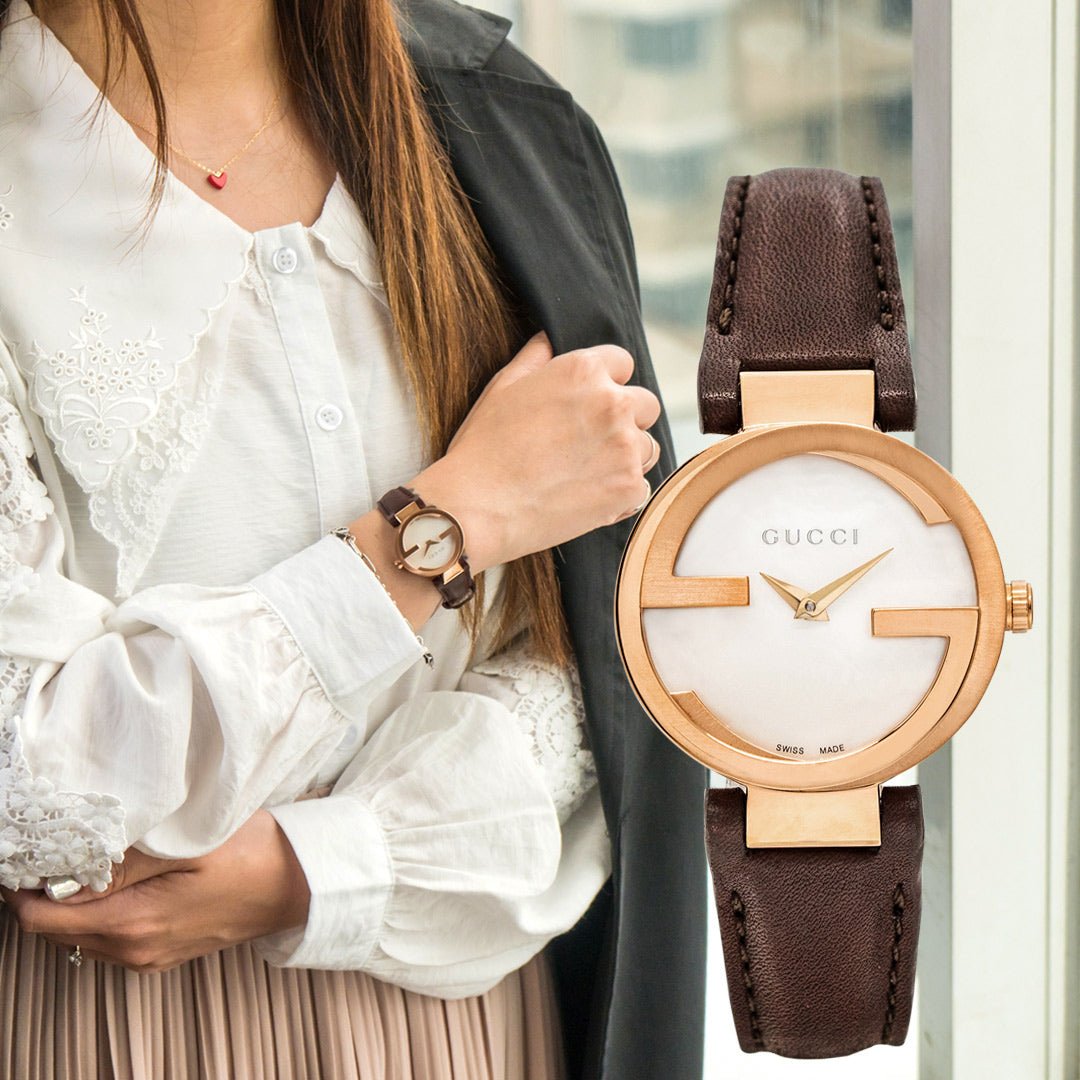  Shop Authentic Gucci G Interlocking Mother of Pearl Dial Brown Leather Strap Watch For Women - YA133516 - Luxxuri