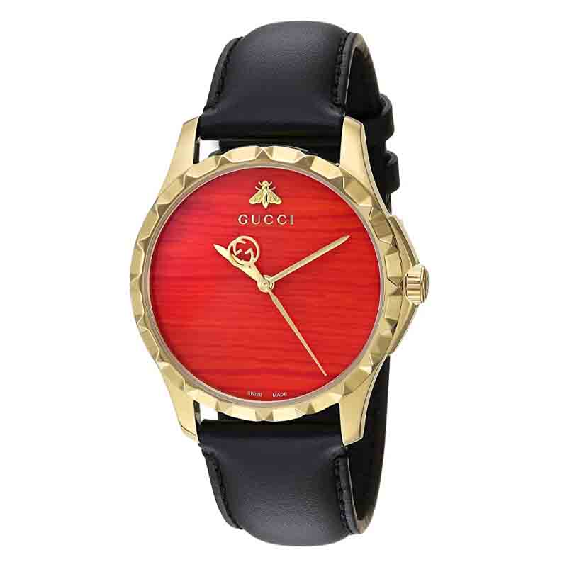  Shop Authentic Gucci G Timeless Coral Red Dial Black Leather Strap Watch For Men - YA126464 - Luxxuri
