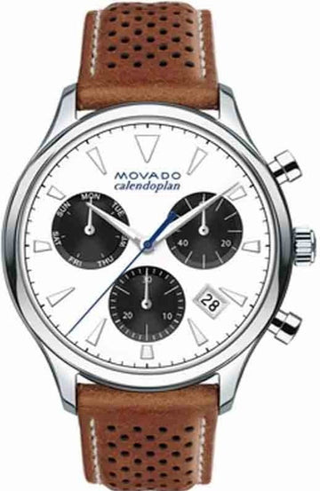  Shop Authentic Movado Heritage Calendoplan Chronograph White Dial Brown Leather Strap Watch for Men - 3650008 - Luxxuri
