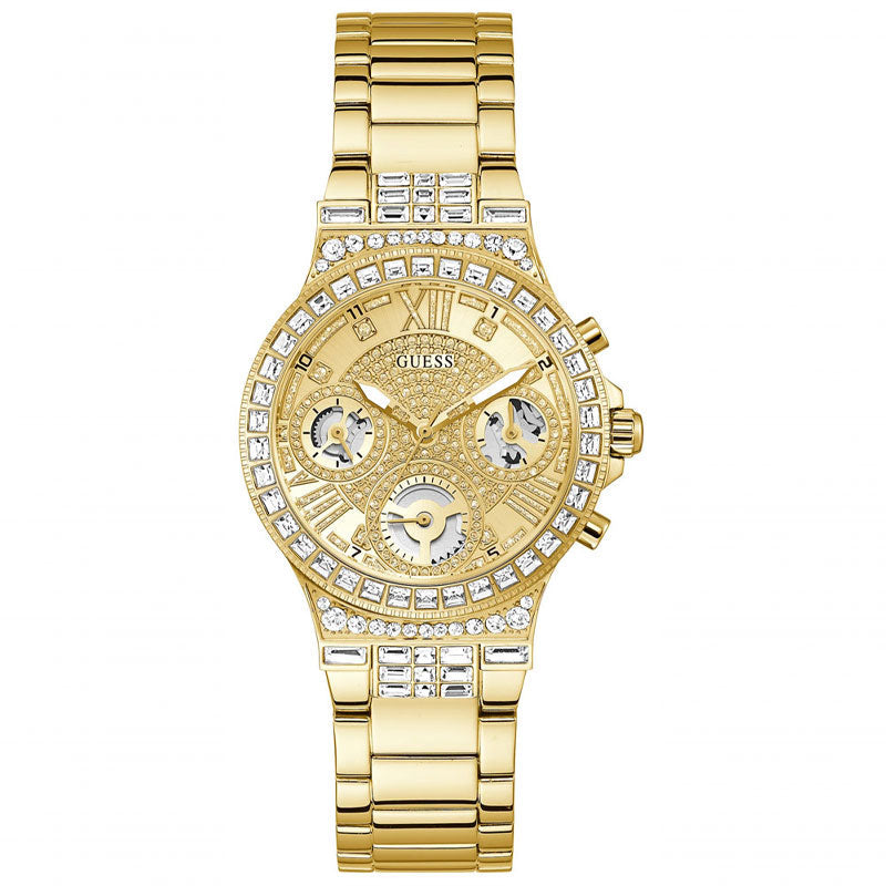  Shop Authentic Guess Moonlight Multi Function Diamonds Gold Dial Gold Steel Strap Watch for Women - GW0320L2 - Luxxuri