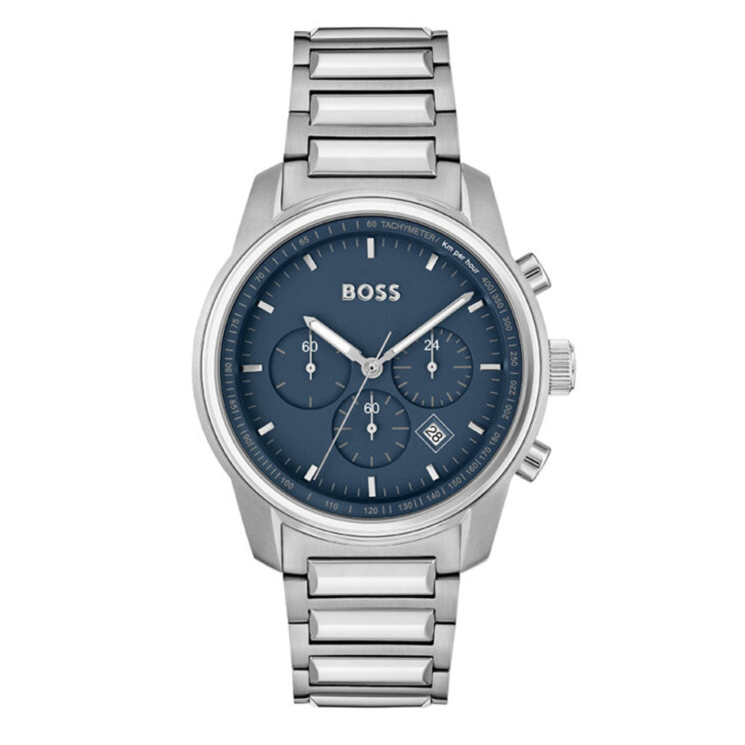  Shop Authentic Hugo Boss Trace Chronograph Quartz Blue Dial Silver Steel Strap Watch For Men - 1514007 - Luxxuri