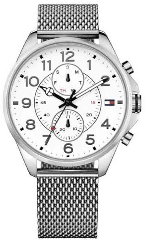  Shop Authentic Tommy Hilfiger Dean Chronograph White Dial Silver Mesh Bracelet Watch for Men - 1791277 - Luxxuri