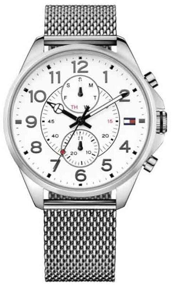  Shop Authentic Tommy Hilfiger Dean Chronograph White Dial Silver Mesh Bracelet Watch for Men - 1791277 - Luxxuri