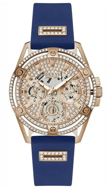  Shop Authentic Guess Queen Quartz Crystals Rose Gold Dial Blue Silicone Strap Watch For Women - GW0536L5 - Luxxuri