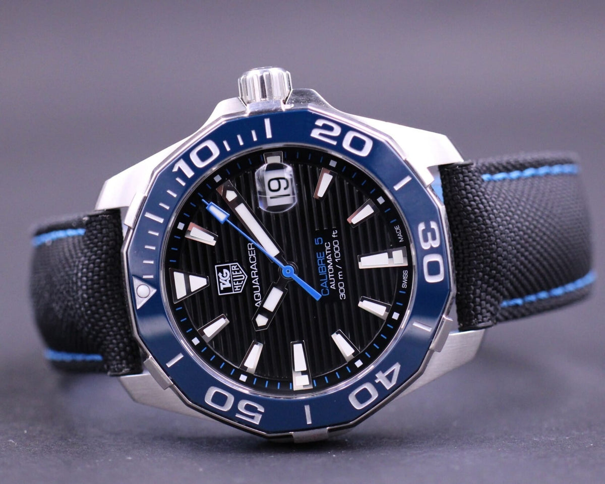  Shop Authentic Tag Heuer Aquaracer Calibre 5 Automatic Black Dial Black Nylon Strap Watch for Men - WAY211B.FC6363 - Luxxuri