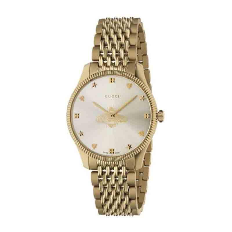  Shop Authentic Gucci G Timeless Quartz Silver Dial Gold Steel Strap Watch For Women - YA1264155 - Luxxuri