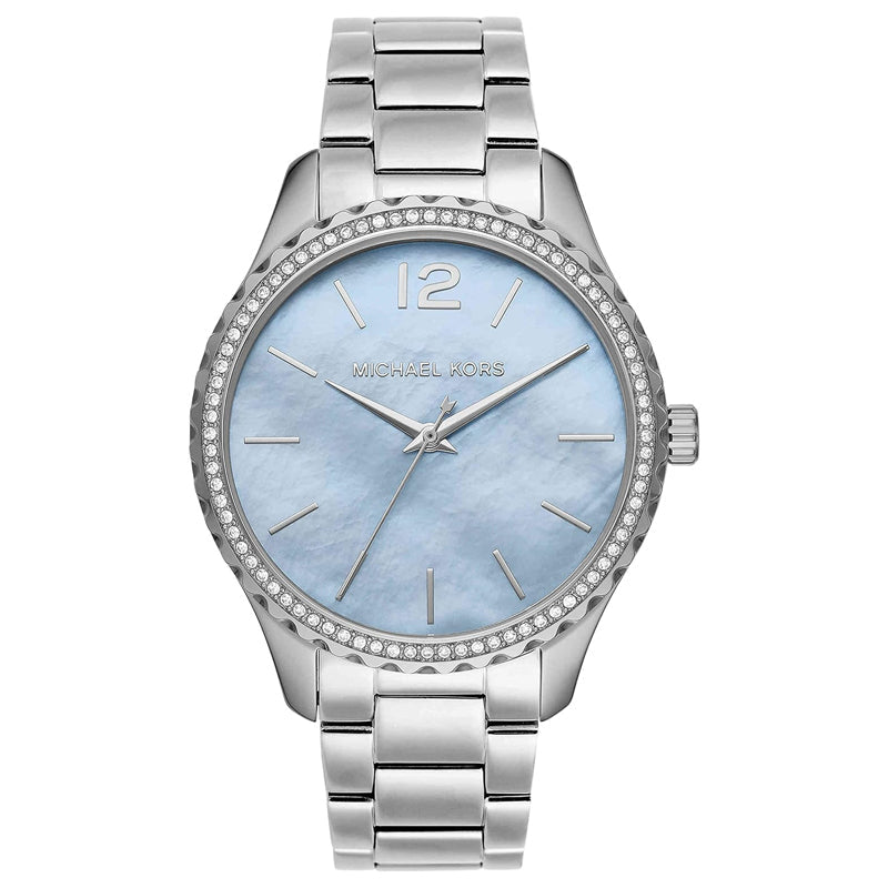  Shop Authentic Michael Kors Layton Chronograph Mother of Pearl Blue Dial Silver Steel Strap Watch For Women - MK6847 - Luxxuri