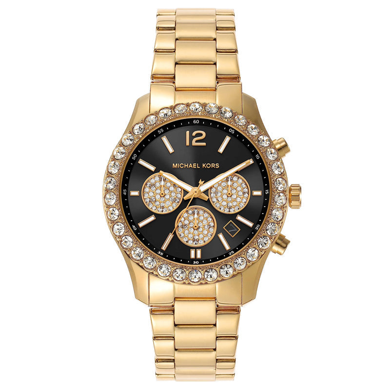  Shop Authentic Michael Kors Berkley Chronograph Black Dial Gold Steel Strap Watch For Women - MK7414 - Luxxuri