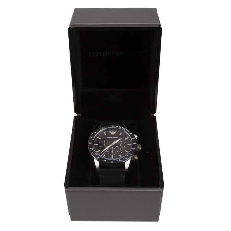  Shop Authentic Emporio Armani Mario Chronograph Black Dial Black Leather Strap Watch For Men - AR11243 - Luxxuri