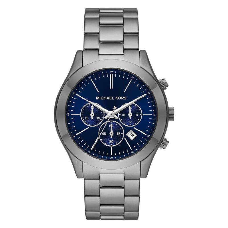  Shop Authentic Michael Kors Slim Runway Chronograph Blue Dial Grey Steel Strap Watch For Men - MK8987 - Luxxuri