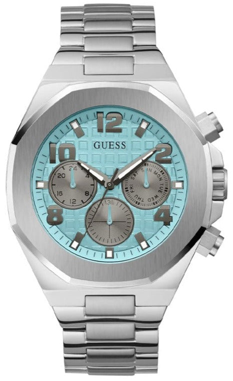  Shop Authentic Guess Empire Chronograph Quartz Sky Blue Dial Silver Steel Strap Watch For Men - GW0489G3 - Luxxuri