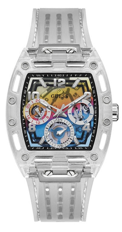  Shop Authentic Guess Phoenix Polycarbonate Clear Multi-function Black Dial Clear Rubber Strap Watch for Men - GW0499G3 - Luxxuri