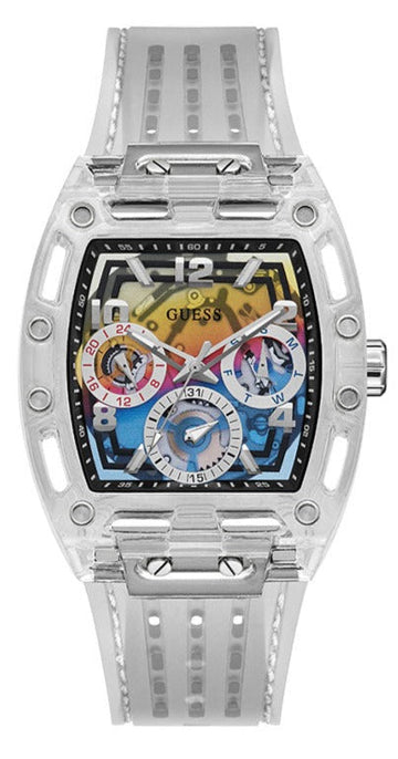  Shop Authentic Guess Phoenix Polycarbonate Clear Multi-function Black Dial Clear Rubber Strap Watch for Men - GW0499G3 - Luxxuri