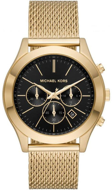  Shop Authentic Michael Kors Slim Runway Chronograph Black Dial Gold Mesh Strap Watch For Men - MK9057 - Luxxuri