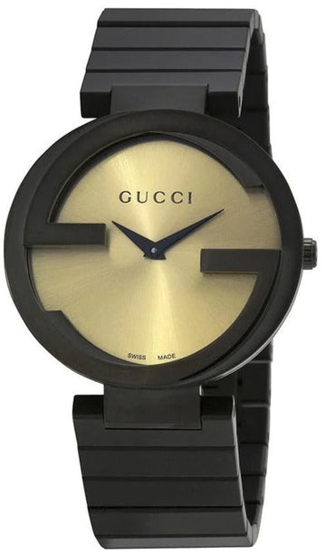  Shop Authentic Gucci Interlocking G Quartz Gold Dial Black Steel Strap Watch For Women - YA133314 - Luxxuri