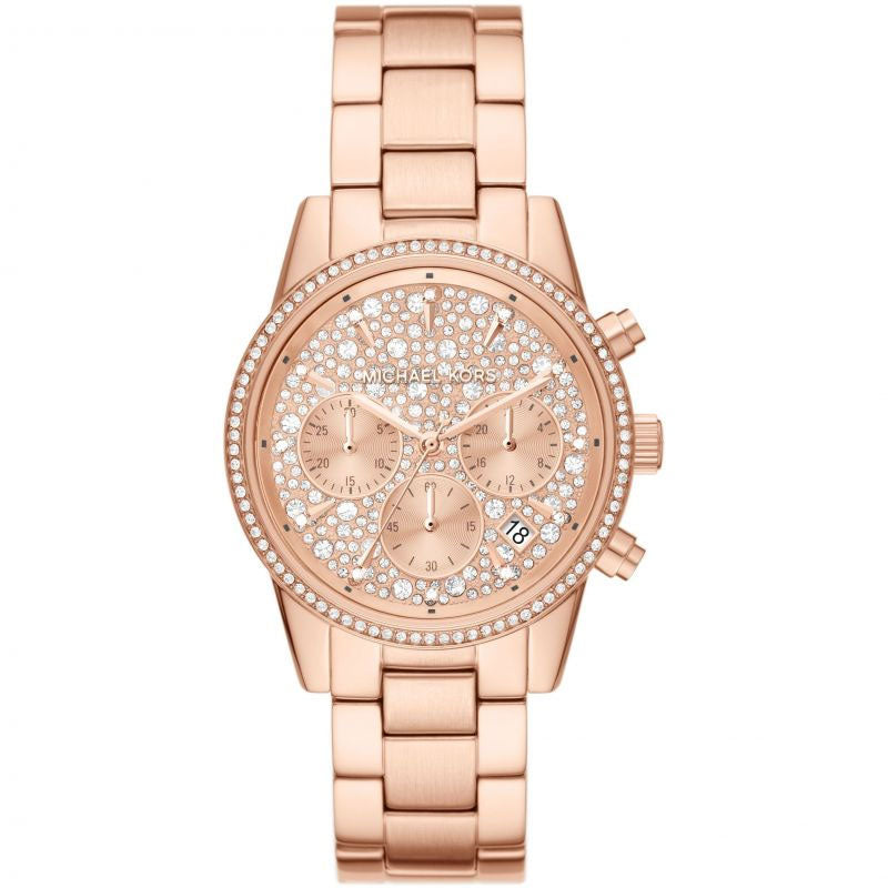  Shop Authentic Michael Kors Ritz Chronograph Rose Gold Dial Rose Gold Steel Strap Watch For Women - MK7302 - Luxxuri