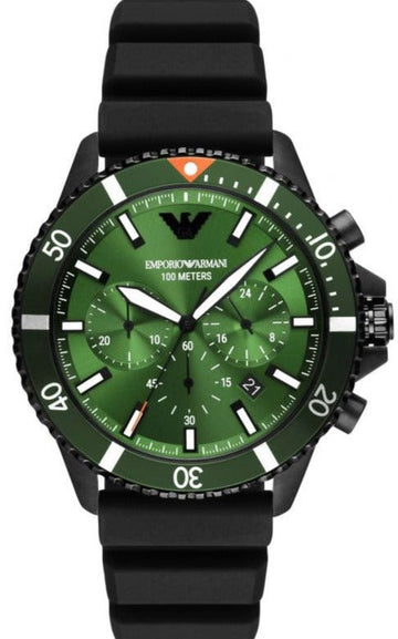  Shop Authentic Emporio Armani Diver Chronograph Quartz Green Dial Black Silicon Strap Watch For Men - AR11463 - Luxxuri