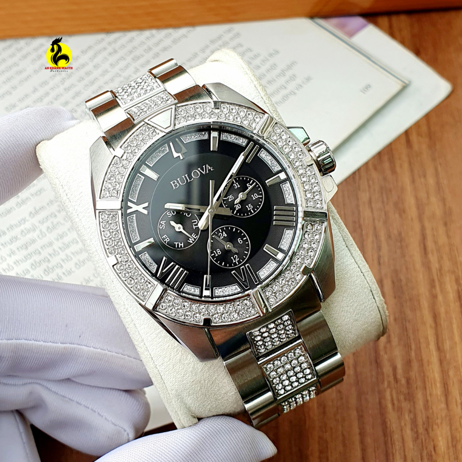  Shop Authentic Bulova Crystal Collection Chronograph Black Dial Two Tone Steel Strap Watch for Men - 96C126 - Luxxuri