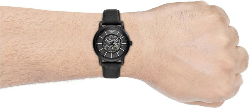  Shop Authentic Emporio Armani Meccanico Automatic Skeleton Dial Black Leather Strap Watch For Men - AR60008 - Luxxuri