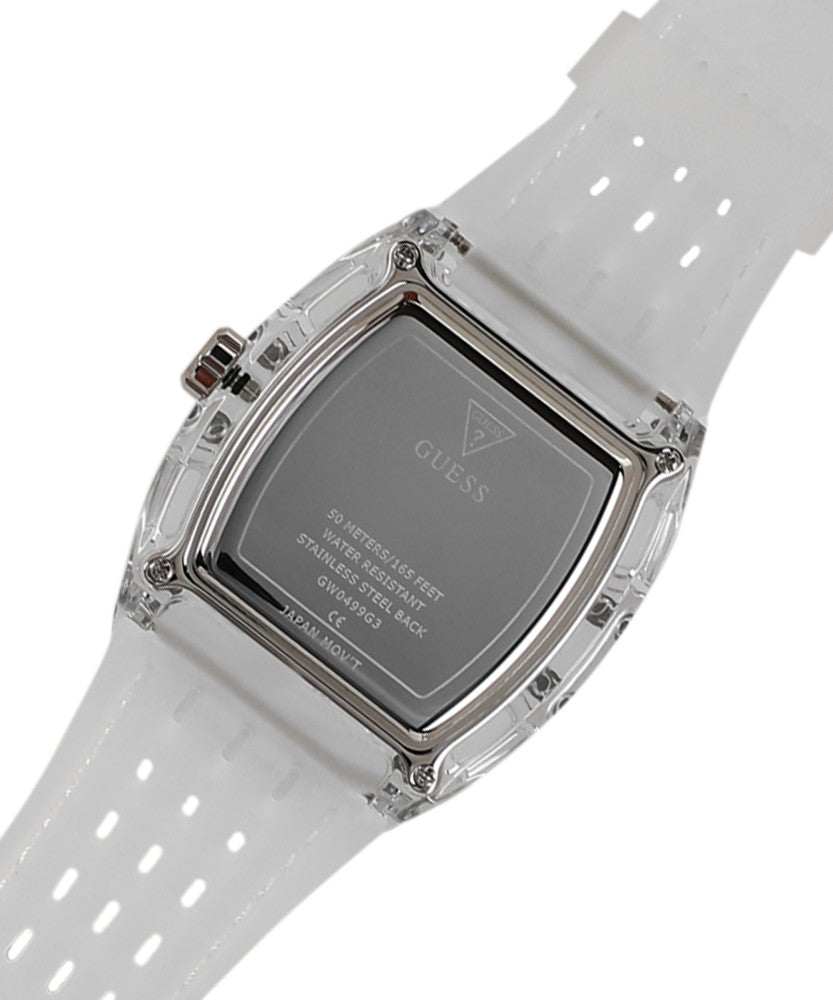  Shop Authentic Guess Phoenix Polycarbonate Clear Multi-function Black Dial Clear Rubber Strap Watch for Men - GW0499G3 - Luxxuri