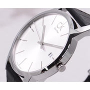  Shop Authentic Calvin Klein City Date Silver Dial Black Leather Strap Watch for Men - K2G2G1C6 - Luxxuri