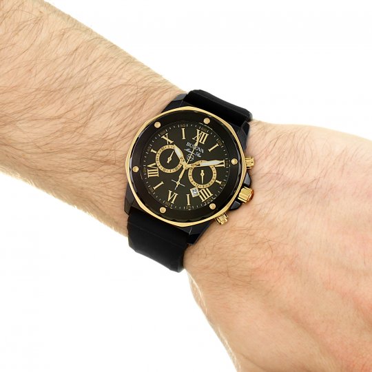  Shop Authentic Bulova Marine Star Chronograph Black Dial Black Rubber Strap Watch for Men - 98B278 - Luxxuri