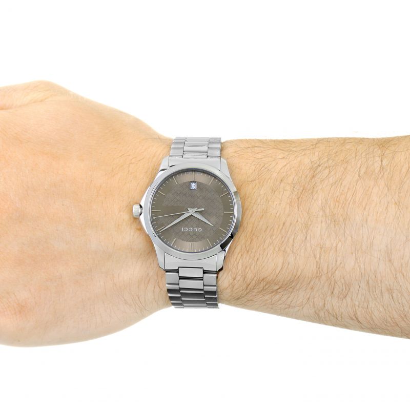  Shop Authentic Gucci G Timeless Brown Dial Silver Steel Strap Watch For Men - YA126445 - Luxxuri