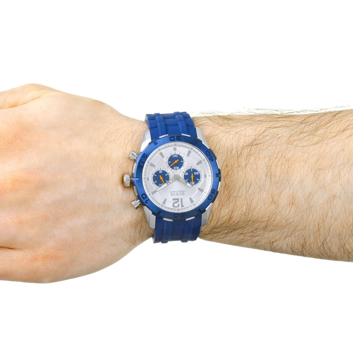  Shop Authentic Guess Caliber Chronograph White Dial Blue Rubber Strap Watch for Men - W0864G6 - Luxxuri