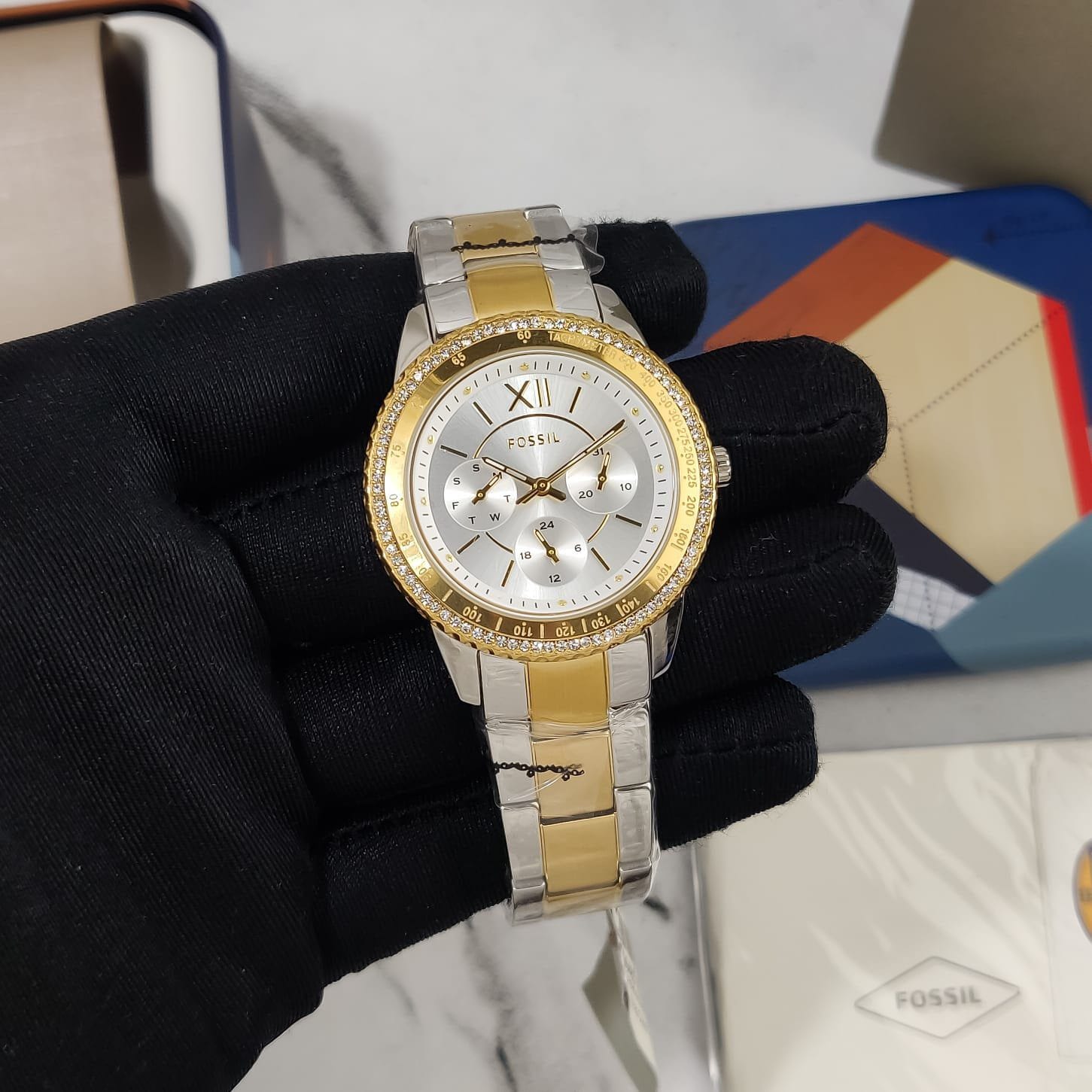  Shop Authentic Fossil Stella Sport Multifunction Silver Dial Two Tone Steel Strap Watch for Women - ES5107 - Luxxuri