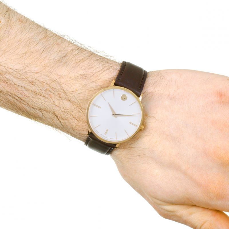  Shop Authentic Movado Ultra Slim White Dial Brown Leather Strap Watch For Men - 0607089 - Luxxuri