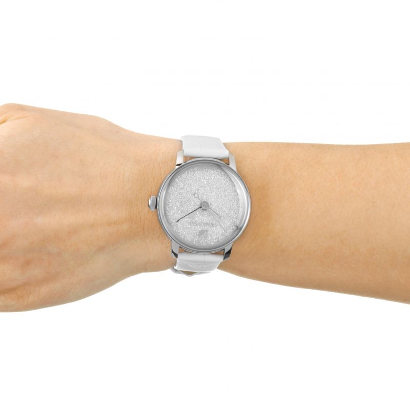  Shop Authentic Swarovski Crystalline Hours Silver Dial White Leather Strap Watch for Women - 5295383 - Luxxuri
