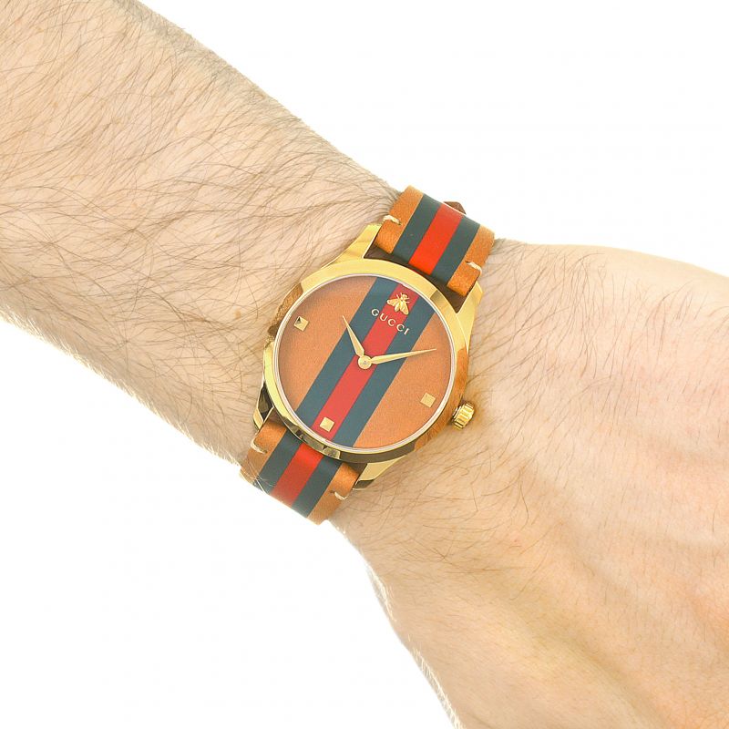  Shop Authentic Gucci G Timeless Quartz Brown Dial Brown Leather Strap Unisex Watch - YA1264077 - Luxxuri