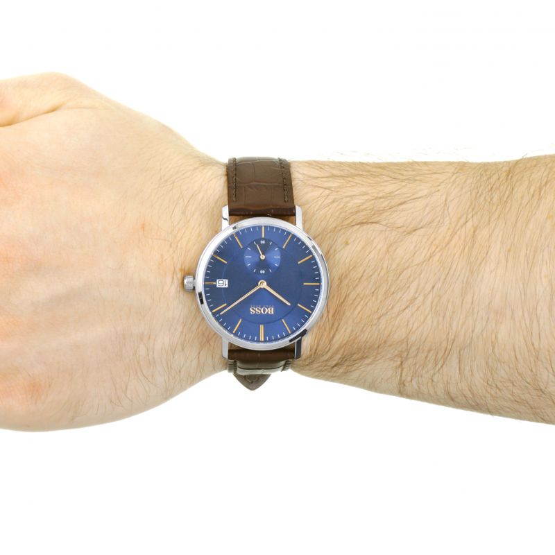  Shop Authentic Hugo Boss Corporal Blue Dial Brown Leather Strap Watch for Men - 151363 - Luxxuri