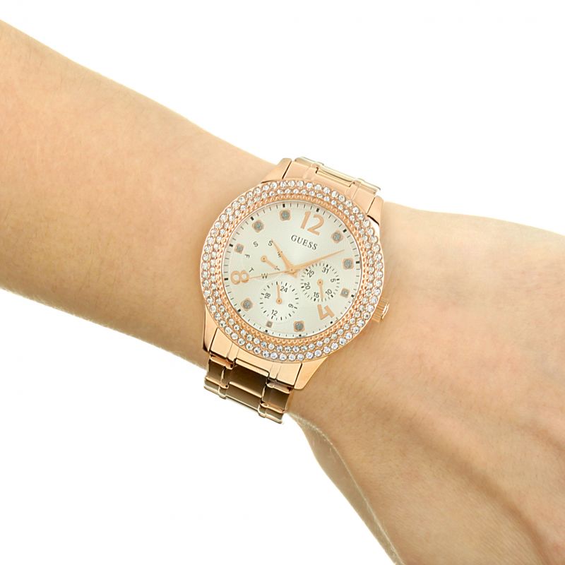  Shop Authentic Guess Bedazzle Diamonds Silver Dial Rose Gold Steel Strap Watch For Women - W1097L3 - Luxxuri
