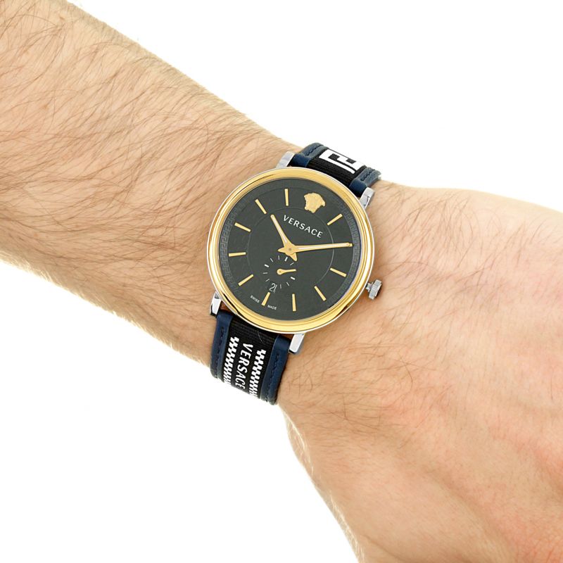  Shop Authentic Versace  V-Circle Black Dial Blue Leather Strap Watch for Men - VEBQ01419 - Luxxuri