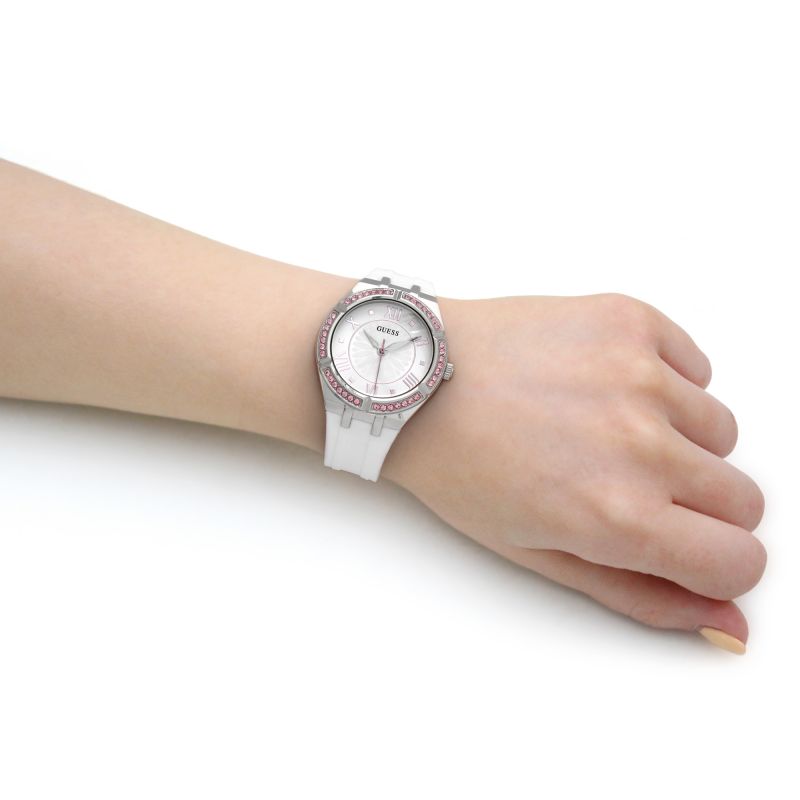  Shop Authentic Guess Sparkling Silver Dial White Rubber Strap Watch For Women - GW0032L1 - Luxxuri