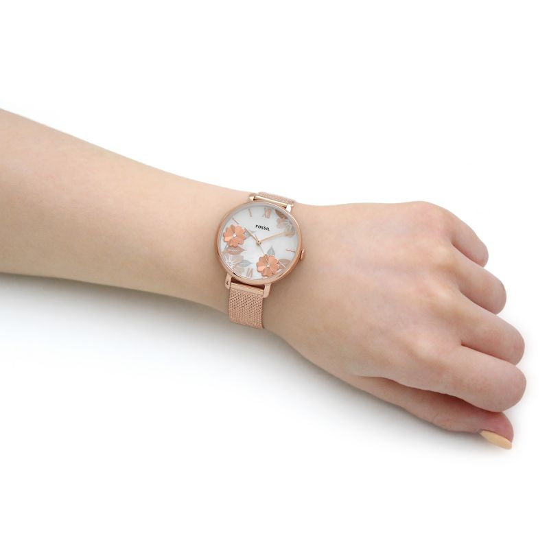  Shop Authentic Fossil Jacqueline Three-Hand White Dial Rose Gold Mesh Bracelet Watch for Women - ES4534 - Luxxuri
