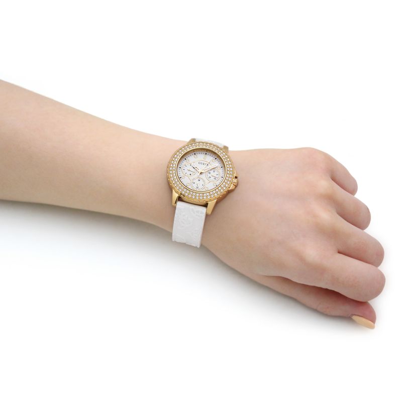  Shop Authentic Guess Crown Jewel Multifunction Diamonds White Dial White Leather Strap Watch for Women - GW0411L1 - Luxxuri