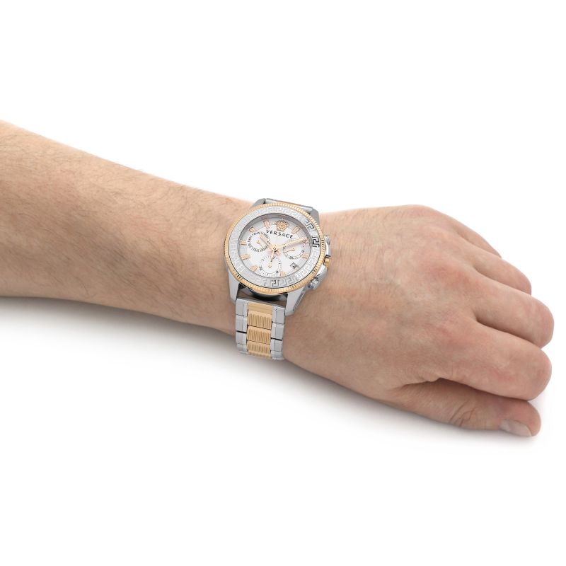  Shop Authentic Versace Greca Action Chronograph Quartz Silver Dial Two Tone Steel Strap Watch for Men - VE3J00522 - Luxxuri