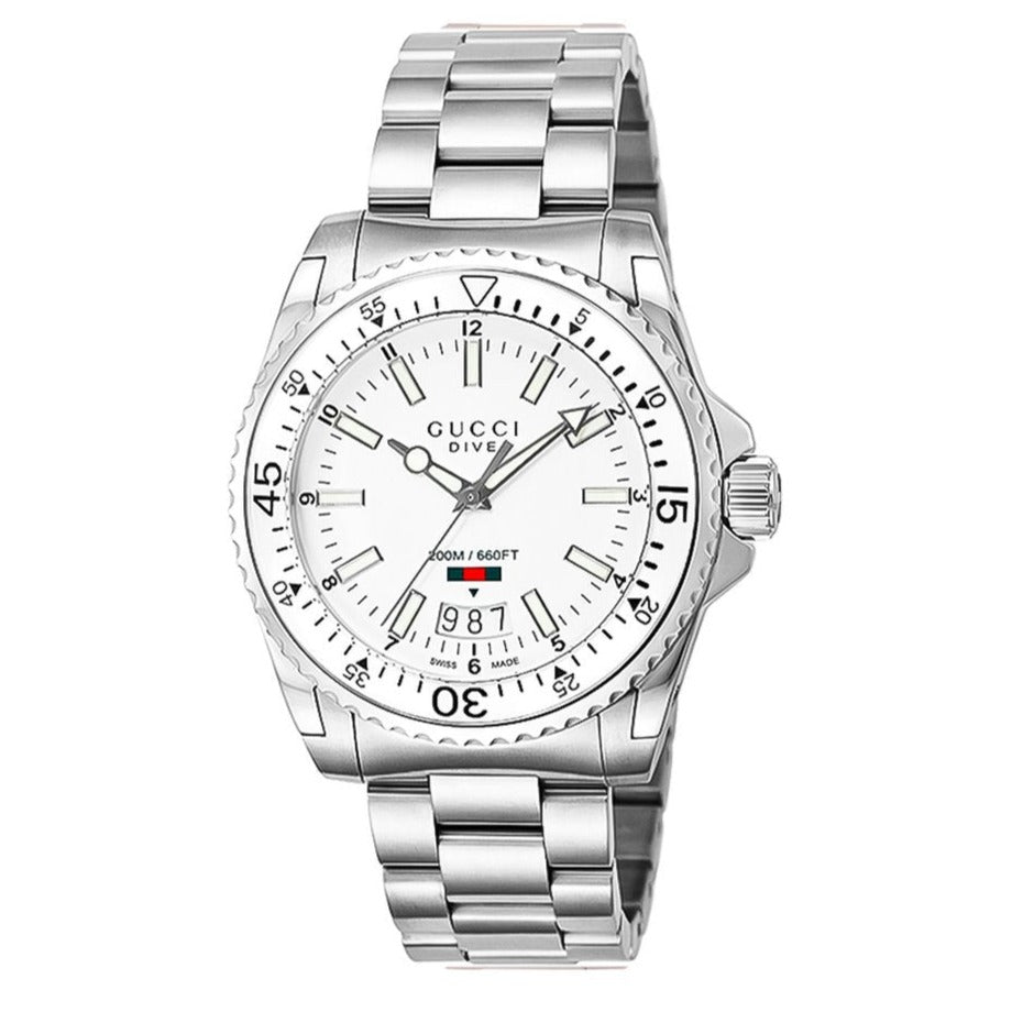  Shop Authentic Gucci Dive Quartz White Dial Silver Steel Strap Watch for Men - YA136302 - Luxxuri