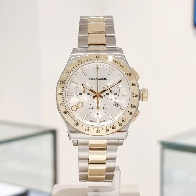  Shop Authentic Salvatore Ferragamo 1927 Chrono Silver Dial Two Tone Steel Strap Watch for Men - SFKZ00523 - Luxxuri