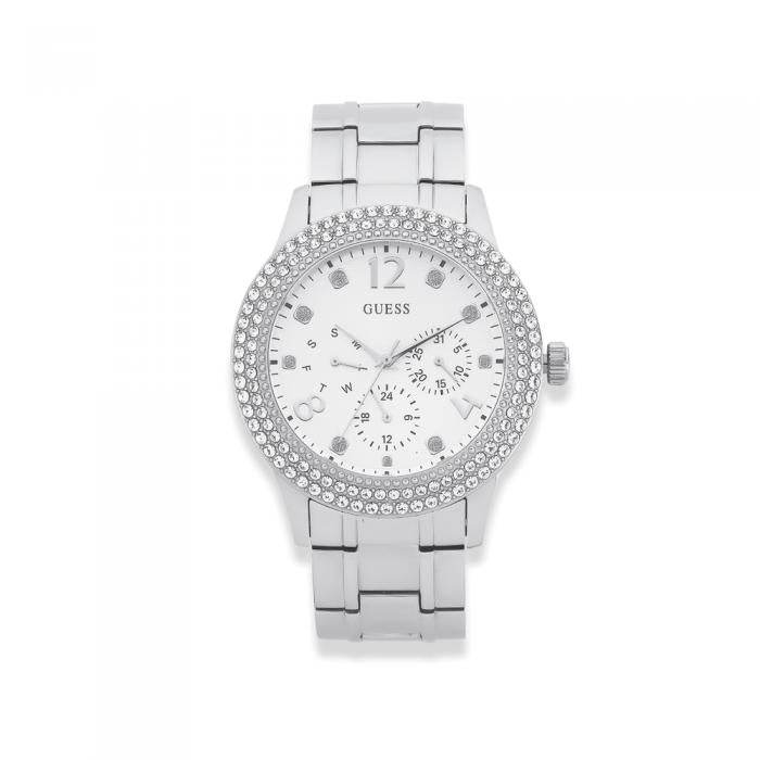  Shop Authentic Guess Bedazzle Diamonds Silver Dial Silver Steel Strap Watch For Women - W1097L1 - Luxxuri
