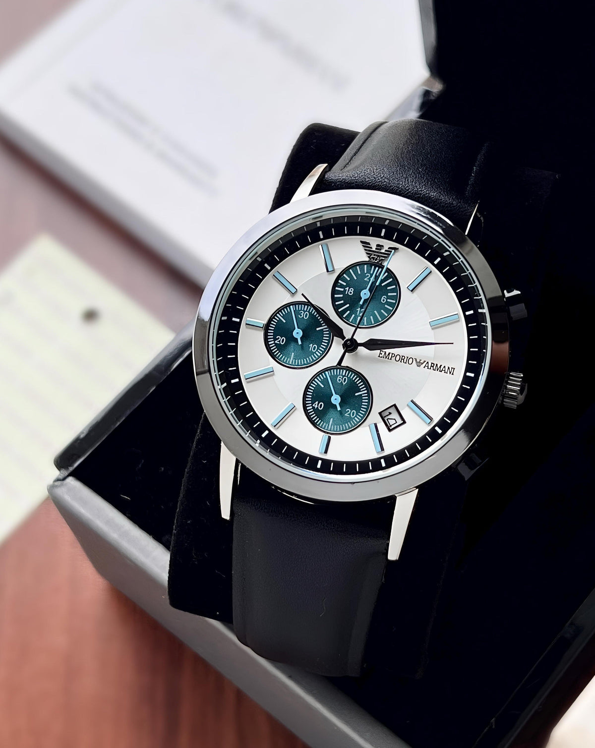  Shop Authentic Emporio Armani Renato Chronograph Silver Dial Black Leather Strap Watch for Men - AR11473 - Luxxuri